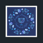 Guardanapo De Papel Hanukkiah Happy Hanukkah Holiday Menorah<br><div class="desc">Símbolo Hanukkiah. Feliz Festa de Hanukkah Feriado Judeu Menorah Azul. Decoração de Feriado Judeu Chanukkah com o símbolo decorativo tradicional de Chanuka - Marinho Blue color hanukkiah menorah, candelabro com velas, estrela de David e ilustração azul neon brilhante. Festa de Chanucá das Luzes Decoração do Evento. Jerusalém, Israel. Artesanatos e...</div>