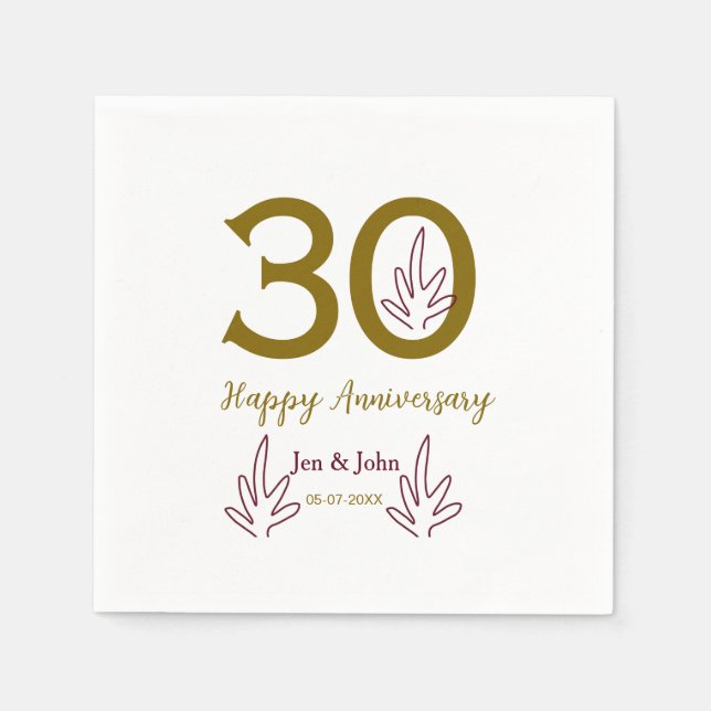 Guardanapo De Papel Happy 30th anniversary name date golden red leaf (Frente)
