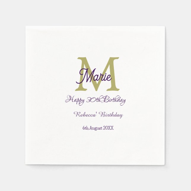 Guardanapo De Papel Happy 30th Birthday goldenadd name monogram modern (Frente)
