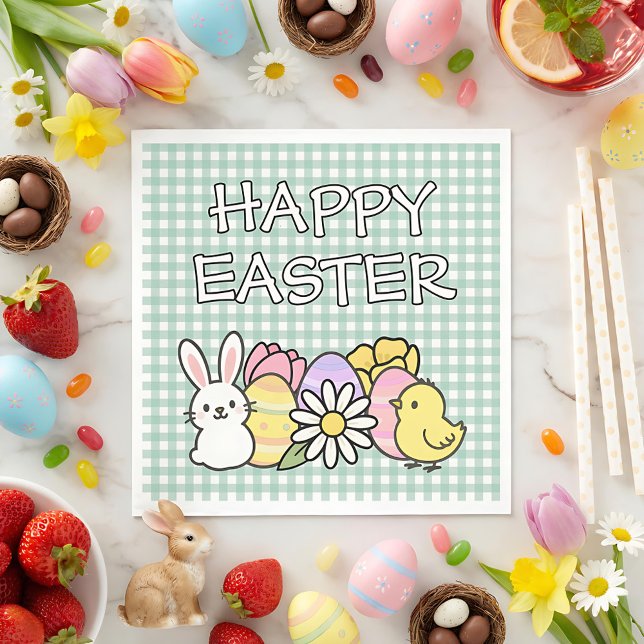 Guardanapo De Papel Happy Easter Bunny Chick Eggs Floral Green Gingham (Criador carregado)