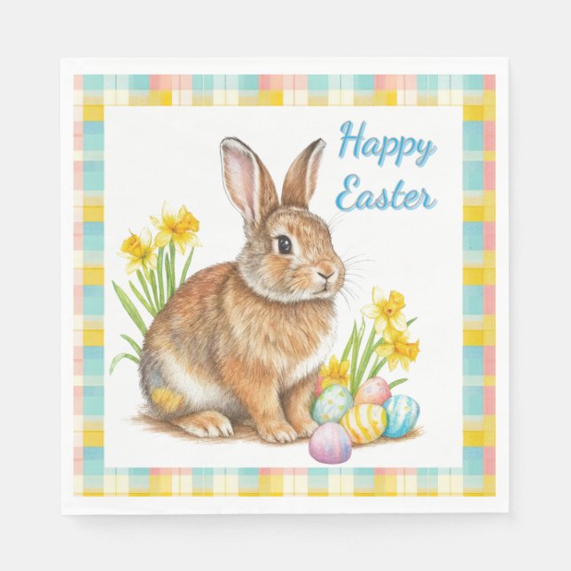 Guardanapo De Papel Happy Easter Rabbit Spring Plaid  (Frente)