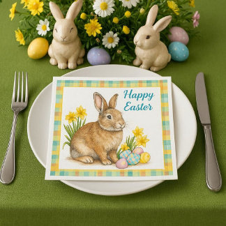 Guardanapo De Papel Happy Easter Rabbit Spring Plaid