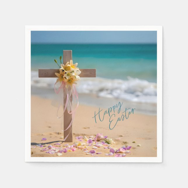 Guardanapo De Papel Happy Easter Wooden Cross and Lilies on Beach (Frente)