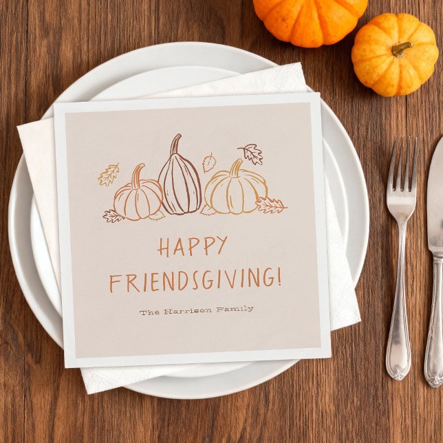 Guardanapo De Papel Happy Friendsgiving Thanksgiving Pumpkin Doodles ("Happy Friendsgiving" napkins with whimsical Fall doodles)