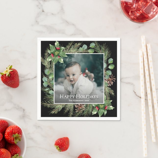 Guardanapo De Papel Happy Holidays Photo Wreath Botanical Christmas (Insitu)