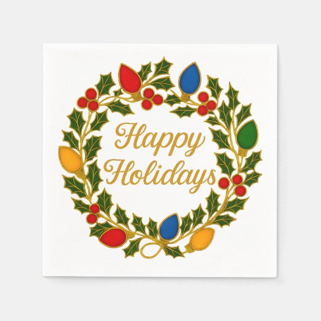 Guardanapo De Papel Happy Holidays Wreath Christmas Lights and Holly (Frente)
