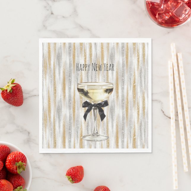 Guardanapo De Papel Happy New Year Black Bow Gold Silver Champagne (Insitu)
