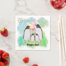 Guardanapo De Papel Happy penguin family with colorful balloons