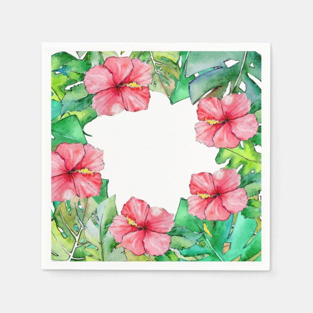 Guardanapo De Papel Havaiano - Folhas Tropicais de Rosa Floral Hibiscu (Frente)