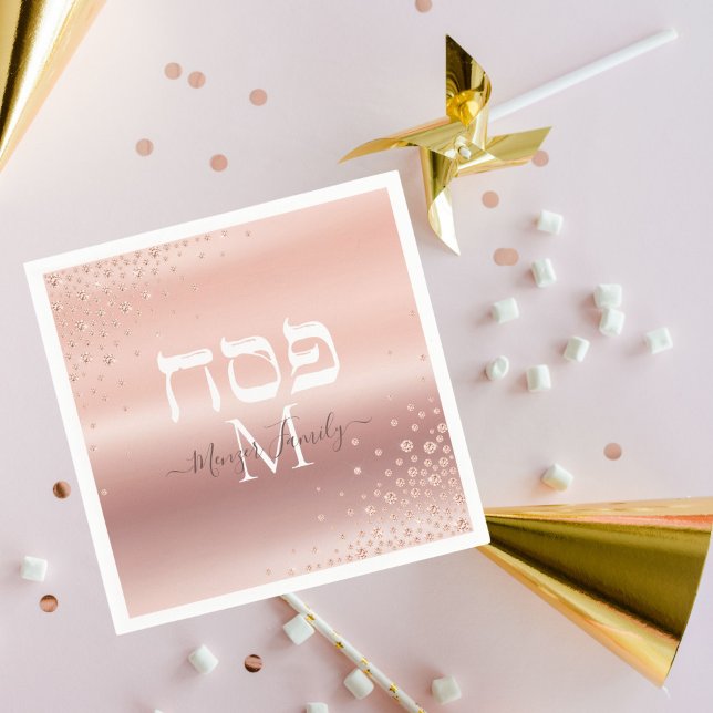 Guardanapo De Papel Hebraico Passover Monograma Rosa Glitter Dourado (Criador carregado)