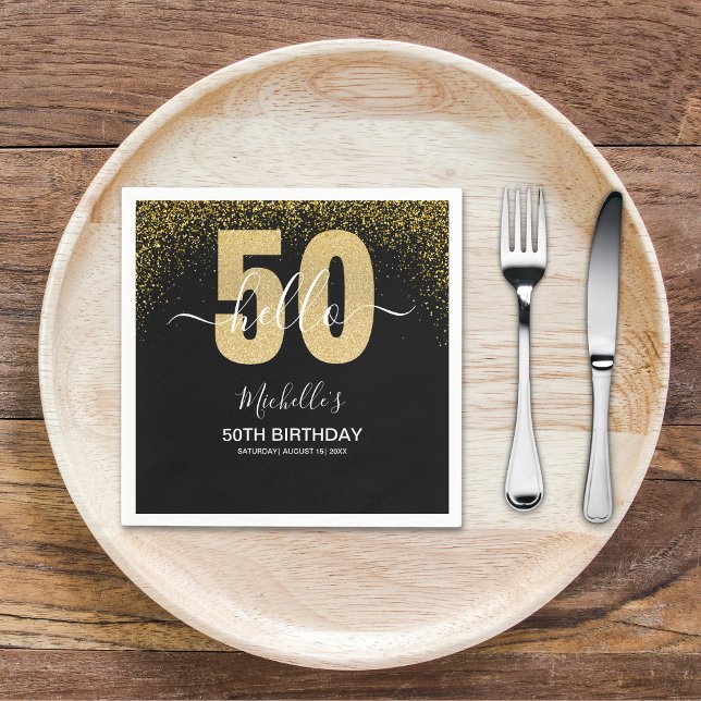 Guardanapo De Papel Hello 50! - Modern 50th Birthday with Gold glitter (Criador carregado)