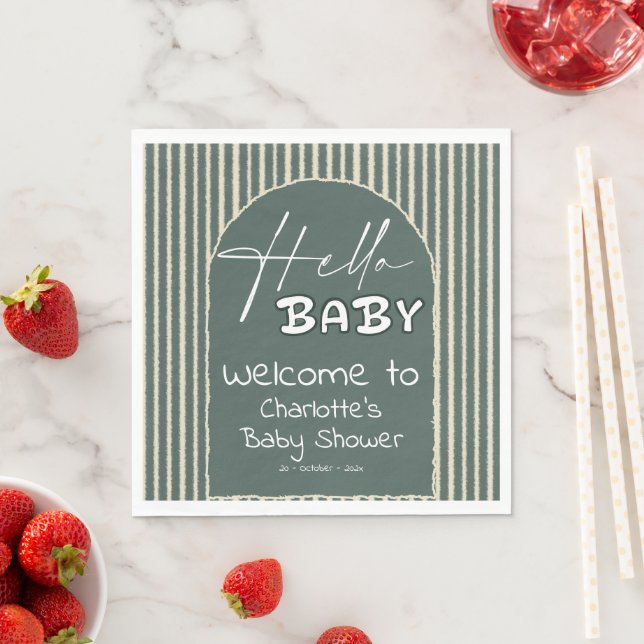 Guardanapo De Papel Hello Baby Dark Green Stripes Baby Shower (Insitu)