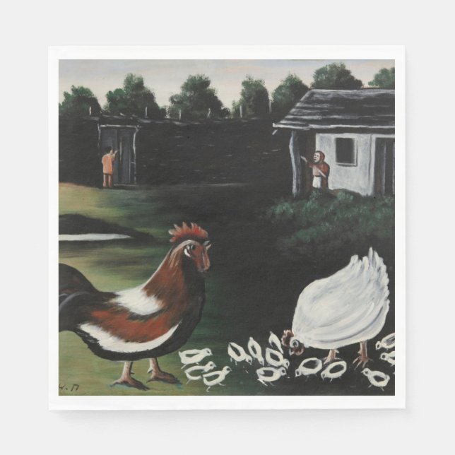 Guardanapo De Papel Hen com seus Pintinhos em uma paisagem rural (Frente)