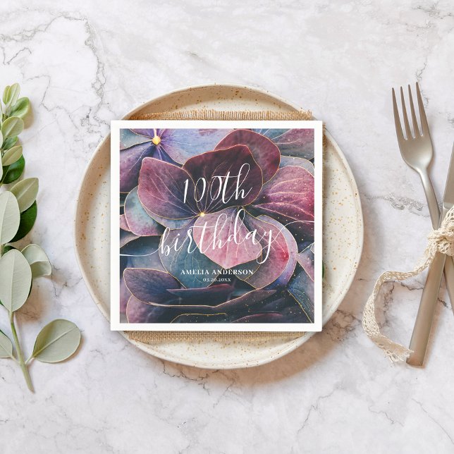 Guardanapo De Papel Hídrangas Azuis Douradas Elegantes 100º Aniversári (Criador carregado)