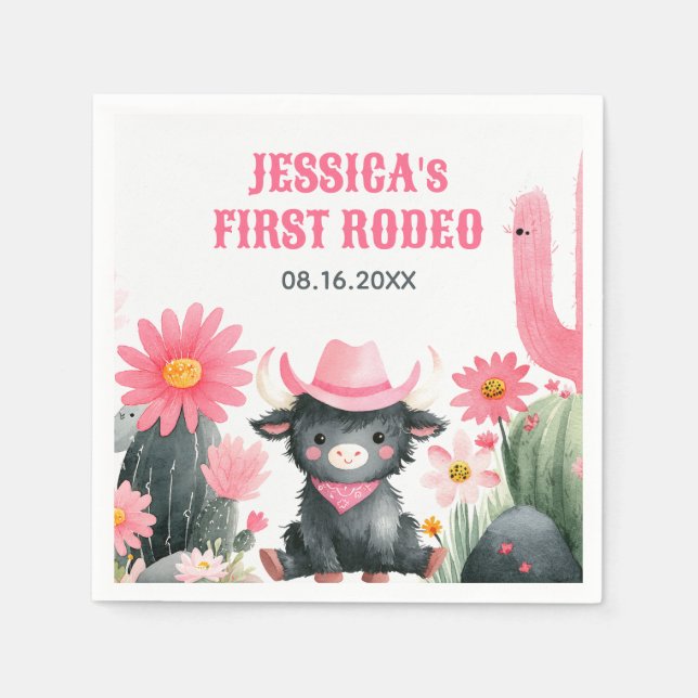 Guardanapo De Papel Highland Cow First Rodeo Western Kids Aniversário (Frente)