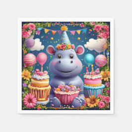 Guardanapo De Papel Hipopótamo de aniversário com bolo e balões