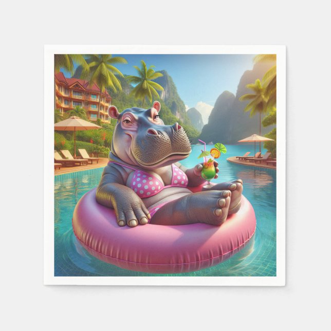 Guardanapo De Papel Hippo Flutuando Em Uma Piscina Com Cocktail Beber (Frente)