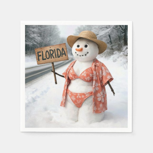 Guardanapo De Papel Hitchhiking Lady Snowman With Florida Sign (Frente)