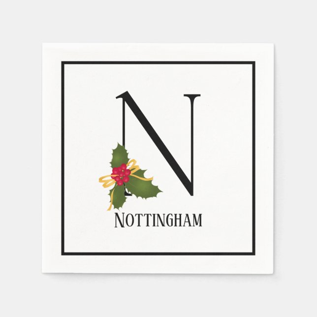 Guardanapo De Papel Holiday Holly Monograma - Letra N Papel Personaliz (Frente)