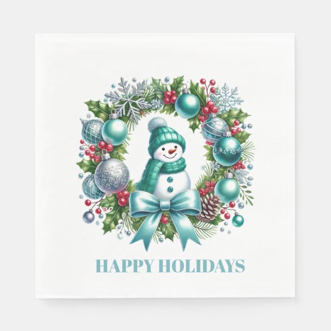 Guardanapo De Papel Holiday Snowman Wreath Paper Napkins (Frente)