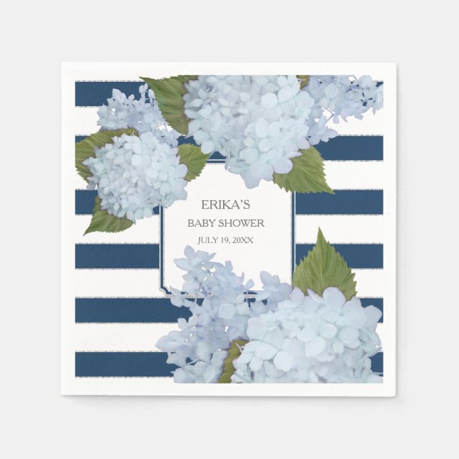 Guardanapo De Papel Hortênsia Floral Listrada de Azul Naval e Branco n (Frente)