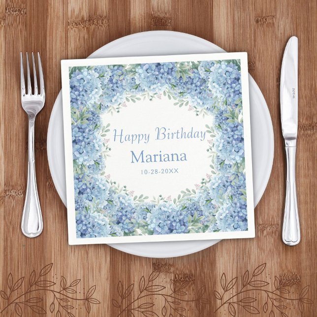 Guardanapo De Papel Hortênsias Azuis Aniversário Floral Aquarela (Criador carregado)