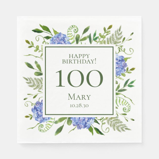 Guardanapo De Papel Hortênsias Azuis de Aniversário de 100 anos (Frente)