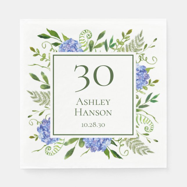 Guardanapo De Papel Hortênsias Azuis para 30º Aniversário (Frente)