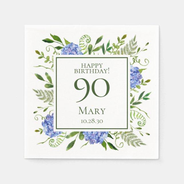 Guardanapo De Papel Hortênsias Azuis para 90º Aniversário (Frente)