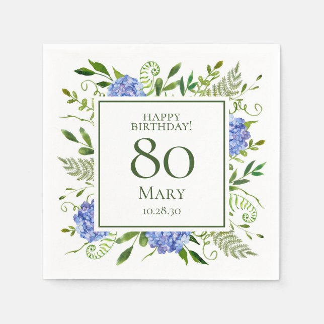 Guardanapo De Papel Hortênsias Azuis para o 80º Aniversário (Frente)