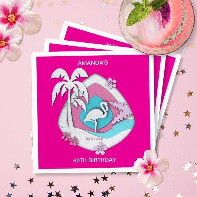 Guardanapo De Papel Hot Pink Tropical Flamingo 60th Birthday Party (Criador carregado)