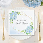 Guardanapo De Papel Hydrangea Geométrico Chá de panela<br><div class="desc">Estes guardanapos apresentam flores azuis de hydrangea e design geométrica de ouro falso. Você pode personalizar esses guardanapos com o nome da noiva. Estes guardanapos fazem parte de uma coleção que inclui uma série de artigos de papelaria e noivado correspondentes. Visite nossa loja ou veja nossas páginas de coleta para...</div>
