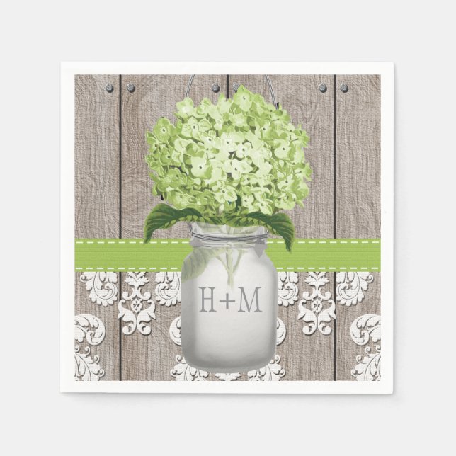 Guardanapo De Papel Hydrangea Mason Jar, Monograma Verde (Frente)
