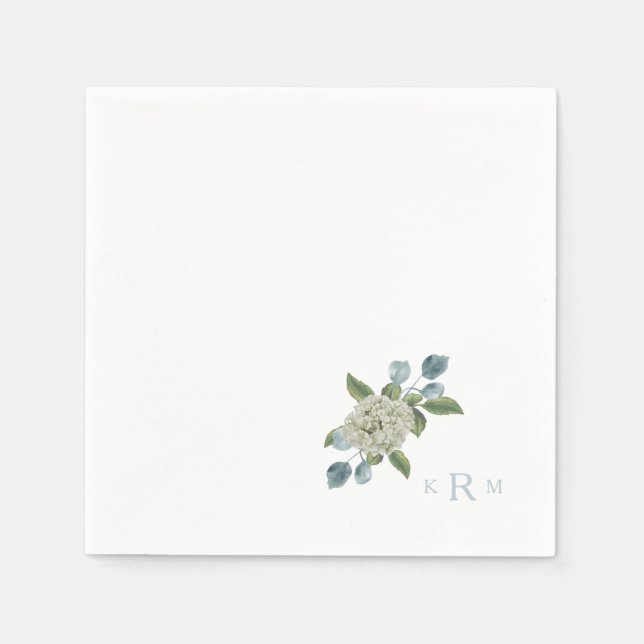 Guardanapo De Papel Hydrangea Monograma Coquetel Branco e Azul Nápoles (Frente)