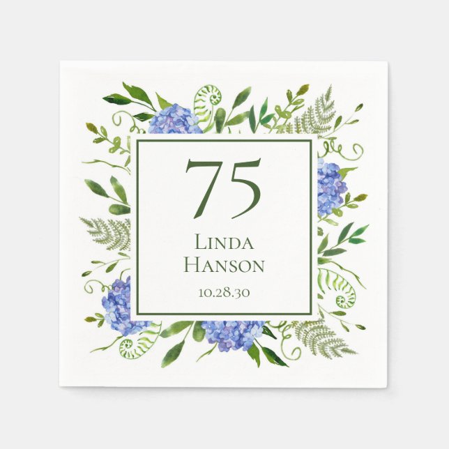 Guardanapo De Papel Hydrangeas Azuis para 75º Aniversário (Frente)