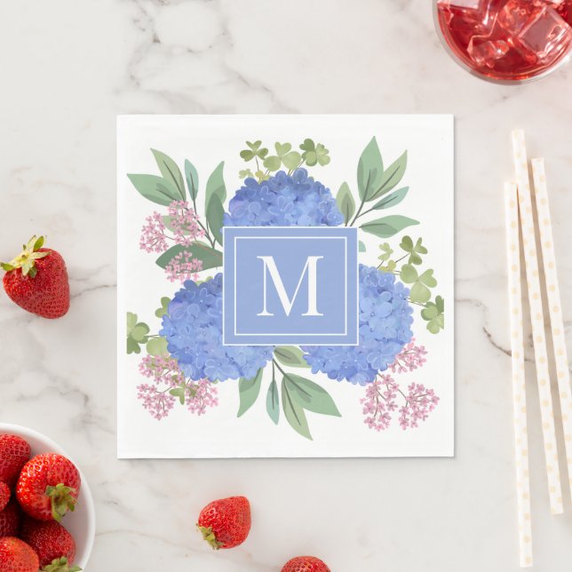 Guardanapo De Papel Hydrangeas Azul Monograma Personalizado do Buquê M (Insitu)