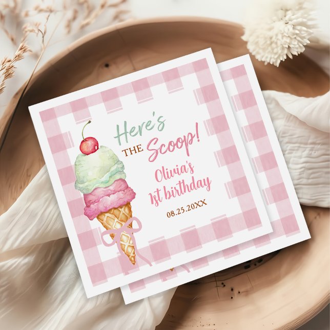 Guardanapo De Papel Ice Cream Pink Bow Gingham Birthday Party (Criador carregado)