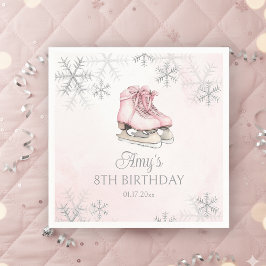 Guardanapo De Papel Ice Skates Girl Birthday Pink Bow Silver Snowflake