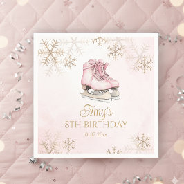 Guardanapo De Papel Ice Skating Girl Birthday Pink Bow Gold Snowflakes