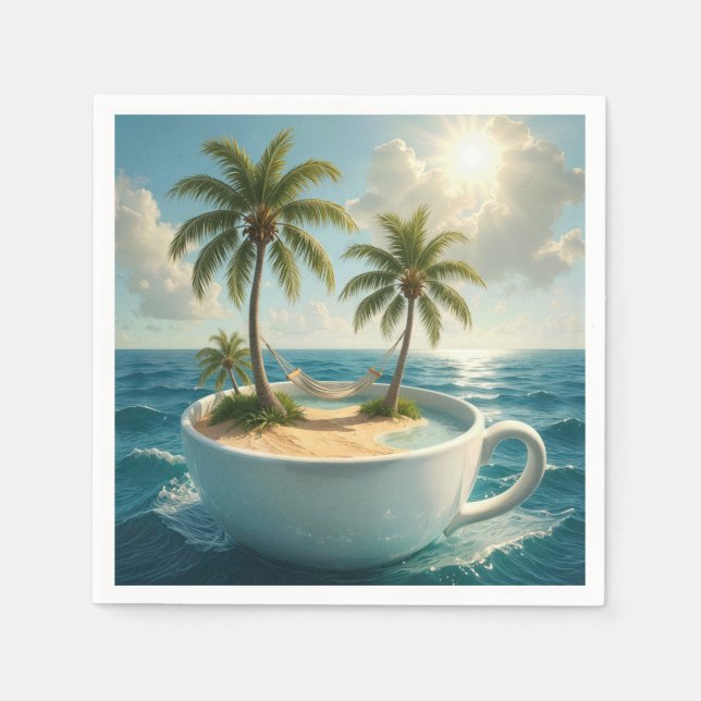 Guardanapo De Papel Ilha Tropical Com Rede de Descanso numa Xícara (Frente)