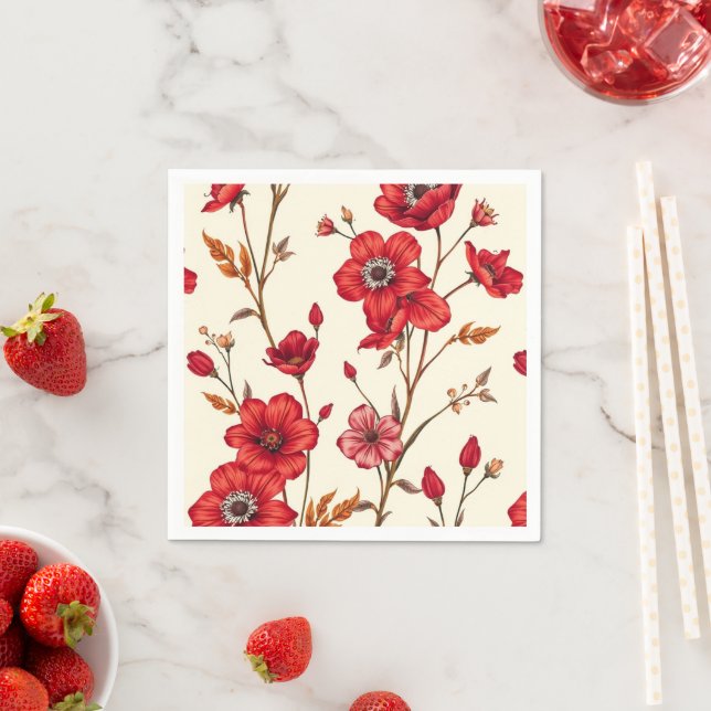Guardanapo De Papel Ilustração Botânica Vermelha Vibrante (Insitu)