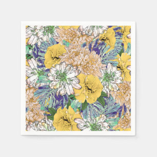 Guardanapo De Papel Ilustração Cinzenta Floral Amarela e Verde Trend