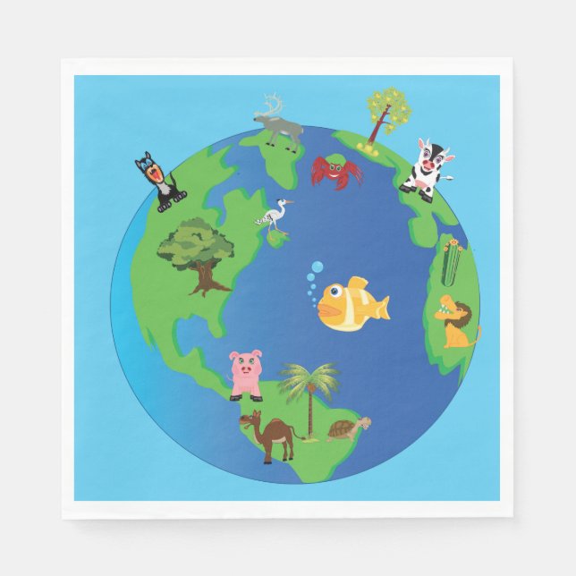 Guardanapo De Papel Ilustração da fauna selvagem do mapa dos animais (Frente)