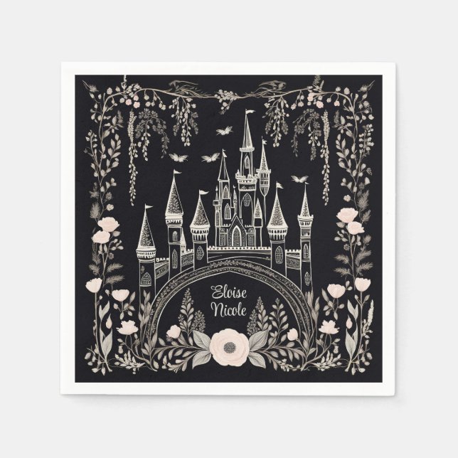 Guardanapo De Papel Ilustração do Castelo de Fairytale Negro e Branco (Frente)