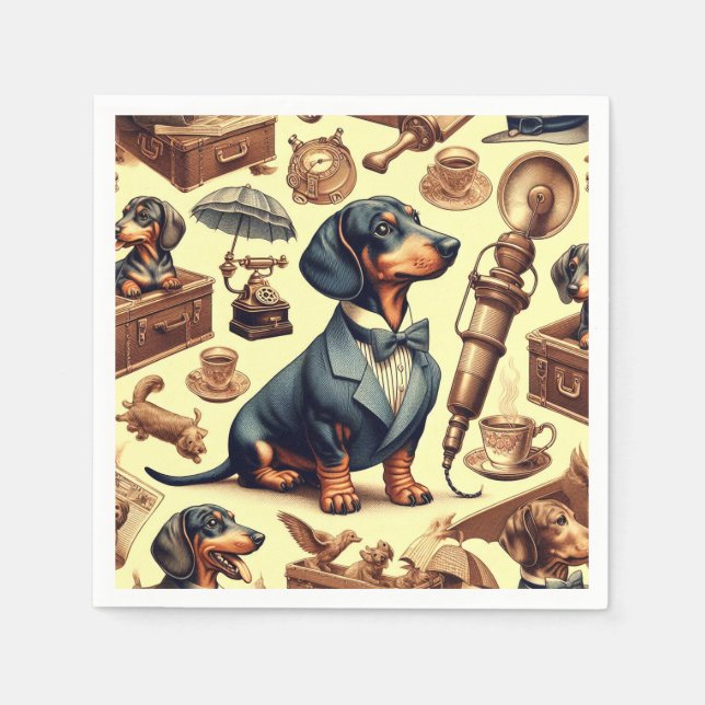 Guardanapo De Papel Ilustração Vintage Dachshund (Frente)