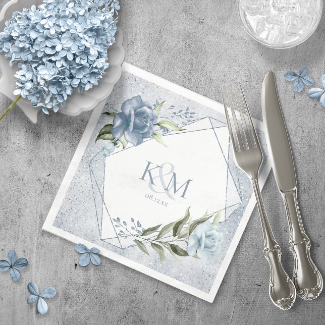 Guardanapo De Papel Iniciais de Casamento Floral Sparkles Dusty Blue I (Criador carregado)
