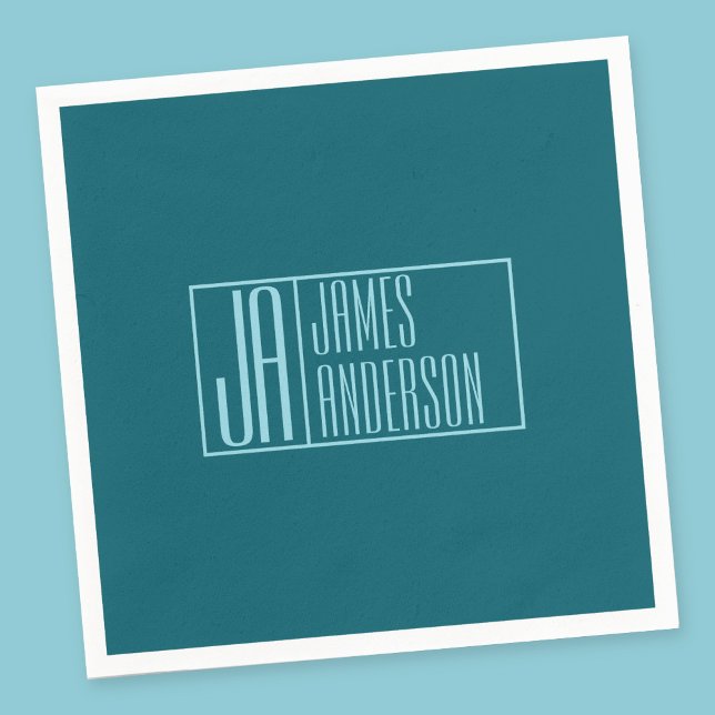 Guardanapo De Papel Iniciais e Nome Modernos | Teal Escuro e Azul Clar (Criador carregado)