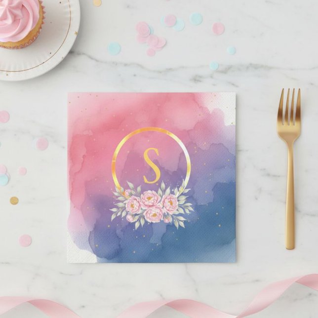 Guardanapo De Papel Initial Birthday Napkins Pink Watercolor Ombre  (Criador carregado)