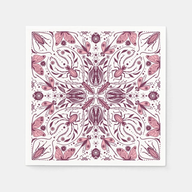 Guardanapo De Papel Insetos, magenta escura e rosa em branco (Frente)