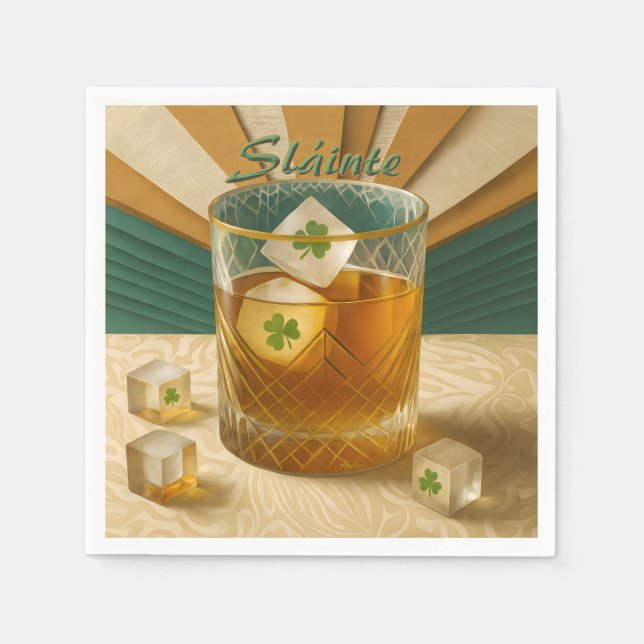 Guardanapo De Papel Irish Whiskey Tumbler Shamrock Ice "Sláinte!" (Frente)